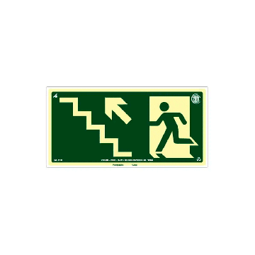 Placa fotoluminescente rota de fuga pela escada à esquerda seta para cima de PVC