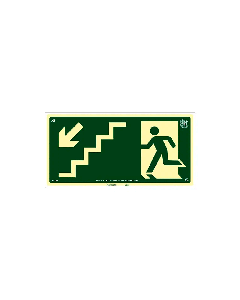 Placa fotoluminescente rota de fuga pela escada à esquerda seta para baixo de PVC