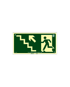 Placa fotoluminescente rota de fuga pela escada à esquerda seta para cima de PVC